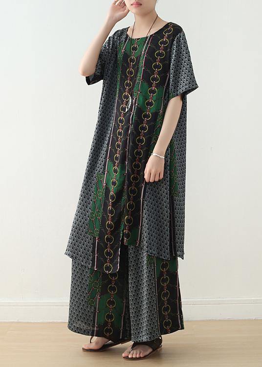 Original Women's Vintage Green Print Irregular Silk Top T-Shirt And Wide Leg Pants Two-Piece Set - SooLinen