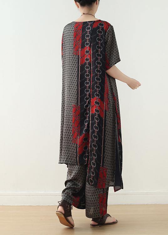 Original Women's Vintage Green Print Irregular Silk Top T-Shirt And Wide Leg Pants Two-Piece Set - SooLinen