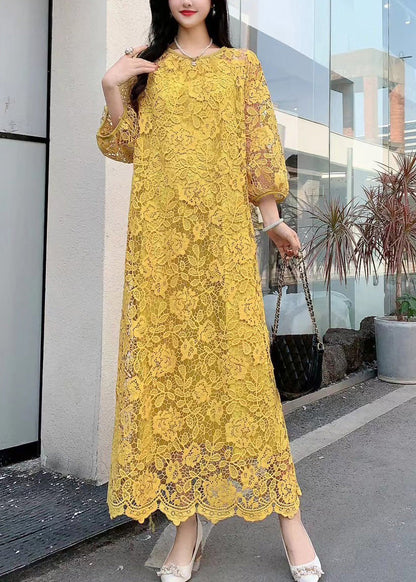 Original Gelb O Neck Aushöhlen Bestickte Spitze Kleider Sommer