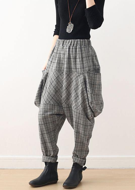 Original design retro gray thick loose large size warm knitted plaid Harlan bloomers - SooLinen