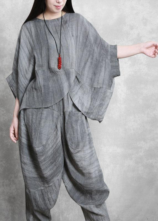 Original gray suit loose irregular top harem pants Zen two-piece autumn - SooLinen