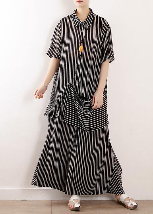 Original literary loose large size gray stripes were thin and irregular chiffon wide-leg pants two-piece suit - SooLinen