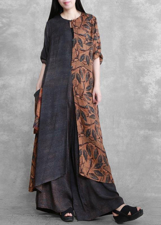 Original splicing large size national style two piece suit leisure art fashion Dark Gray Suit - SooLinen