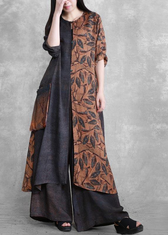 Original splicing large size national style two piece suit leisure art fashion Dark Gray Suit - SooLinen