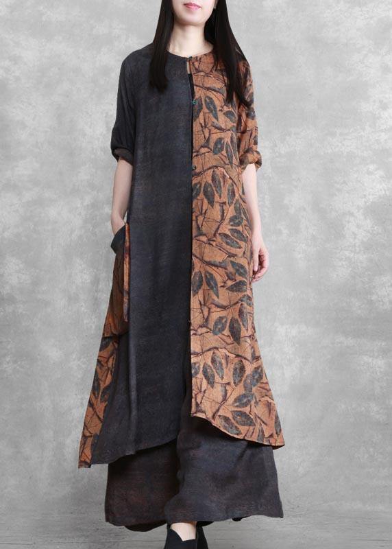 Original splicing large size national style two piece suit leisure art fashion Dark Gray Suit - SooLinen