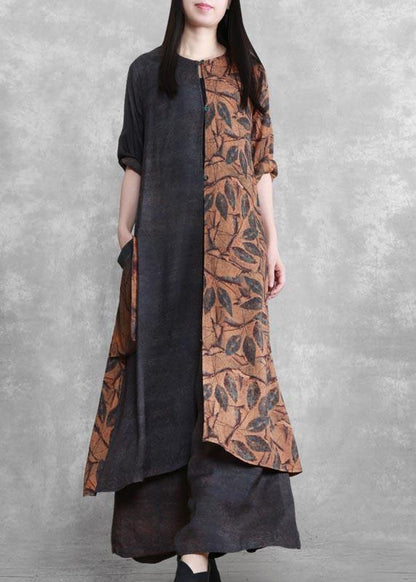 Original splicing large size national style two piece suit leisure art fashion Dark Gray Suit - SooLinen