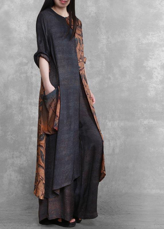 Original splicing large size national style two piece suit leisure art fashion Dark Gray Suit - SooLinen