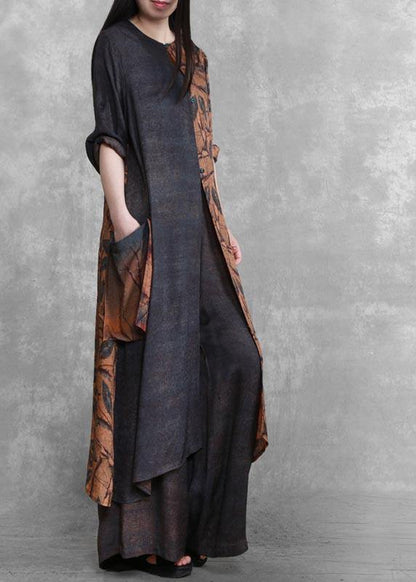 Original splicing large size national style two piece suit leisure art fashion Dark Gray Suit - SooLinen