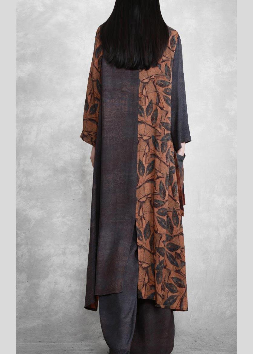 Original splicing large size national style two piece suit leisure art fashion Dark Gray Suit - SooLinen