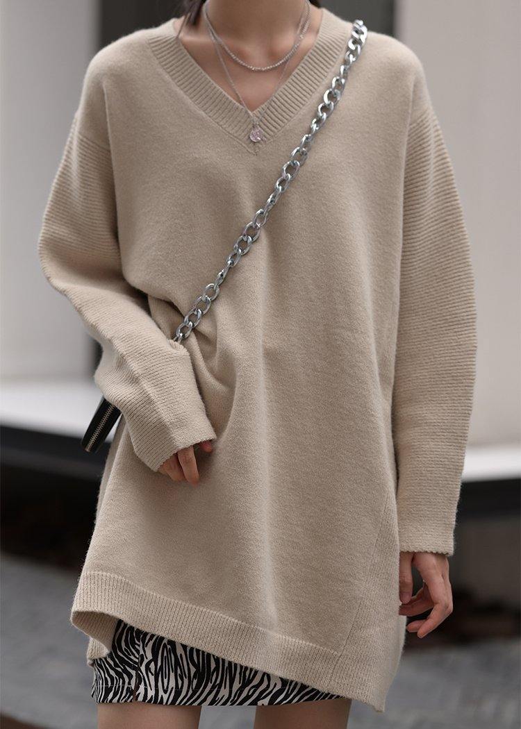 Over sized beige knitted clothes v neck oversized fall knit tops - SooLinen