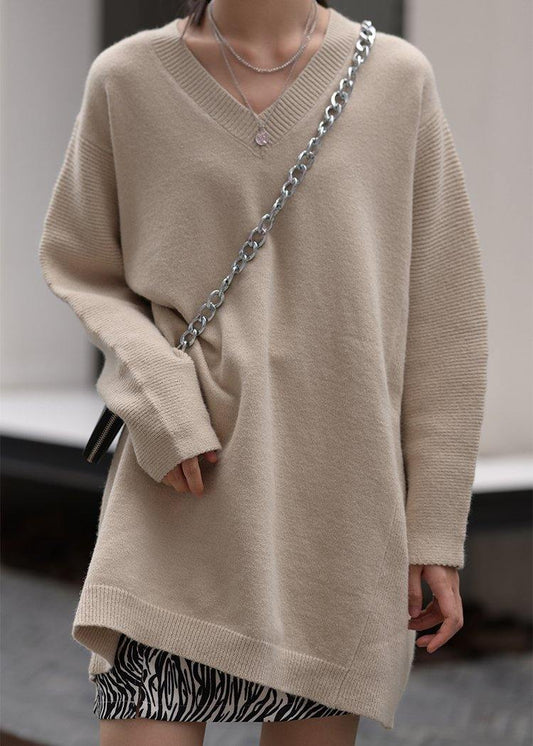 Over sized beige knitted clothes v neck oversized fall knit tops - SooLinen