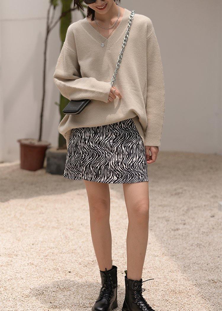 Over sized beige knitted clothes v neck oversized fall knit tops - SooLinen