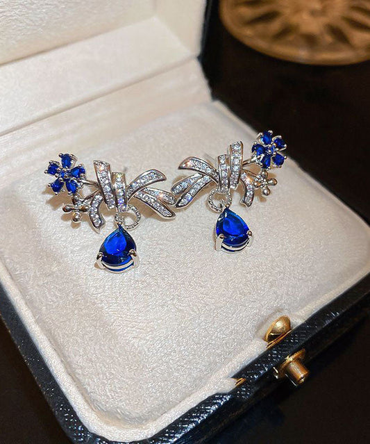 Pendientes extragrandes de plata de ley azul con forma de gota de agua y diseño floral de circonita