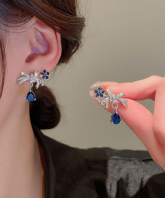 Pendientes extragrandes de plata de ley azul con forma de gota de agua y diseño floral de circonita