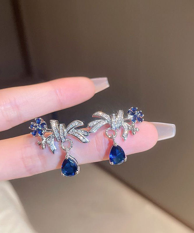 Pendientes extragrandes de plata de ley azul con forma de gota de agua y diseño floral de circonita