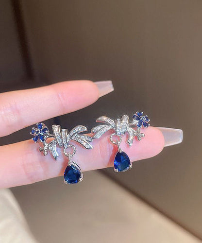 Pendientes extragrandes de plata de ley azul con forma de gota de agua y diseño floral de circonita