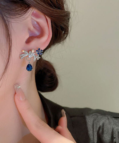 Pendientes extragrandes de plata de ley azul con forma de gota de agua y diseño floral de circonita