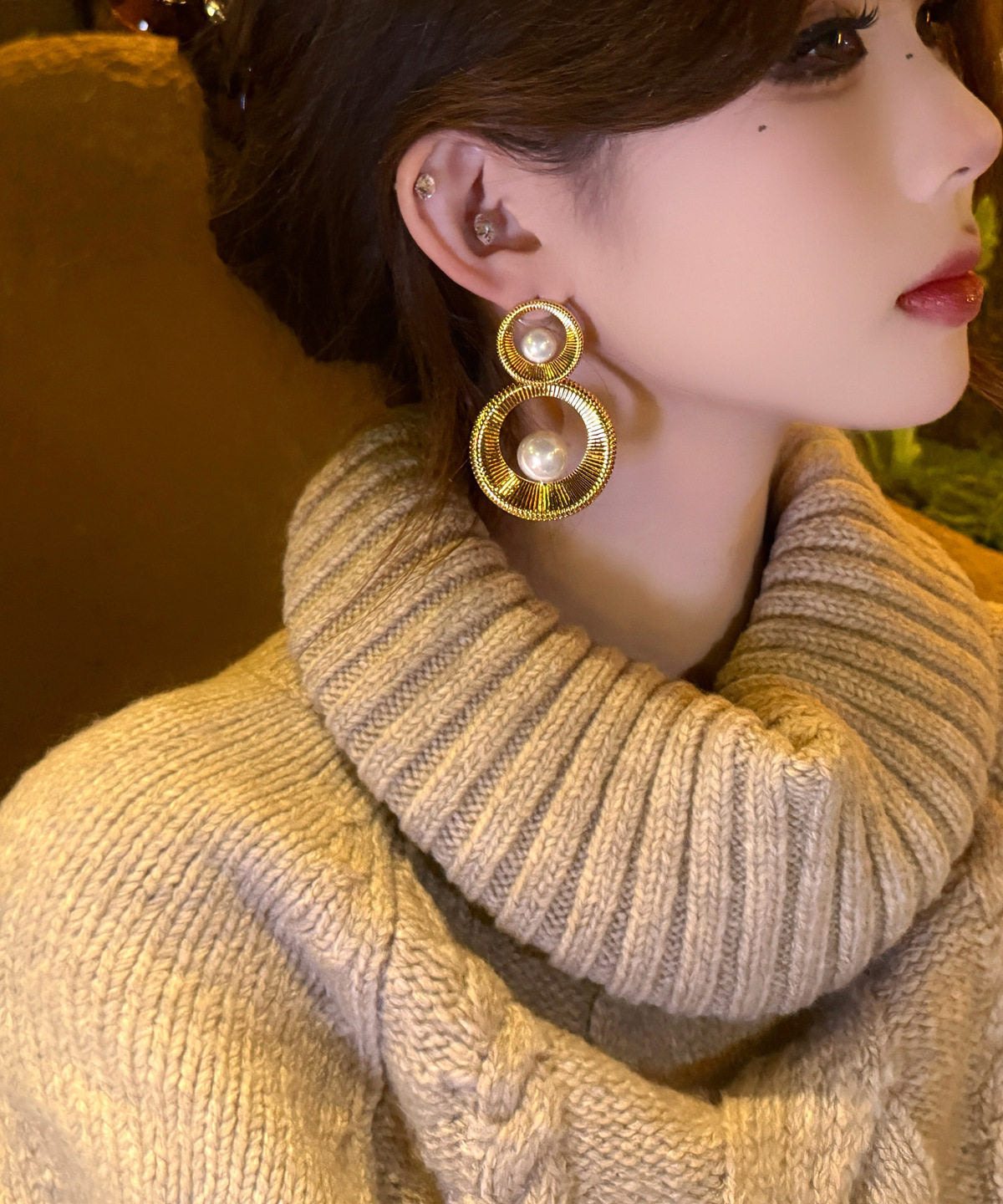 Oversize Gold Copper Overgild Pearl Hollow Out Hoop Earrings