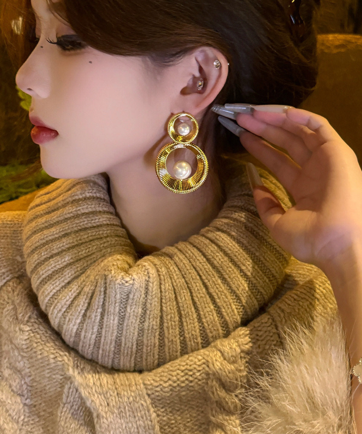Oversize Gold Copper Overgild Pearl Hollow Out Hoop Earrings