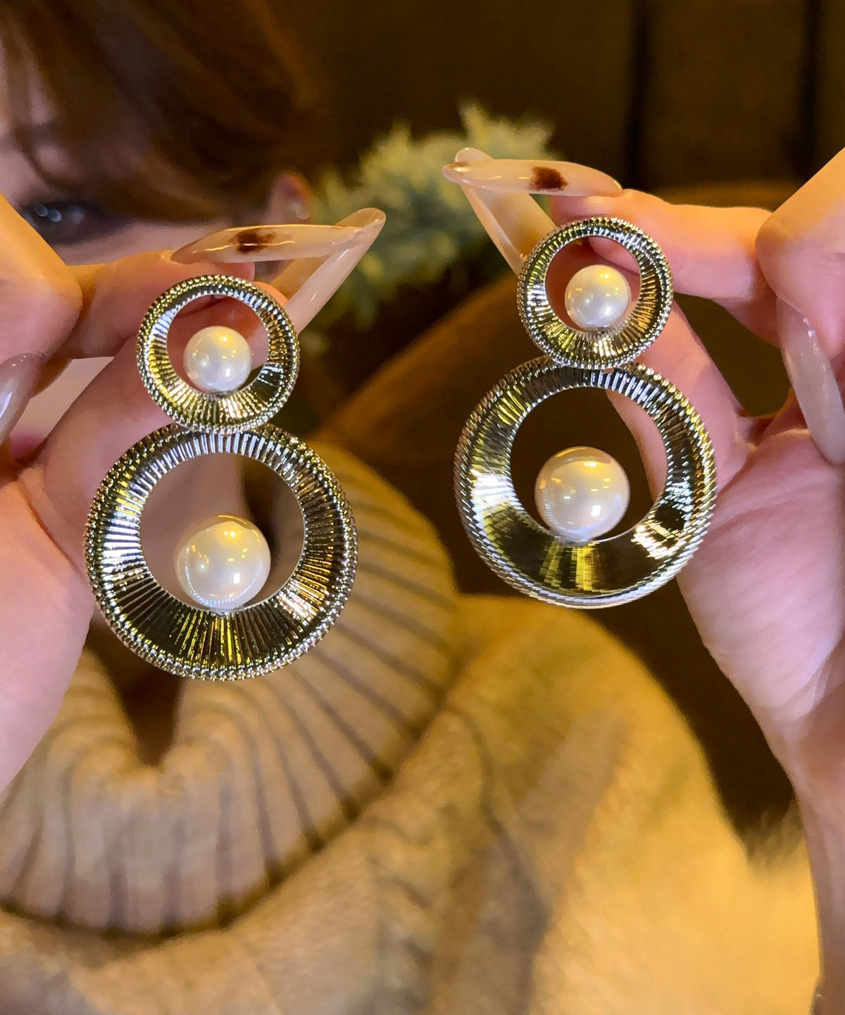 Oversize Gold Copper Overgild Pearl Hollow Out Hoop Earrings
