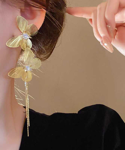 Pendientes colgantes de borlas de mariposa de plata de ley dorada de gran tamaño