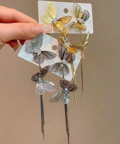 Pendientes colgantes de borlas de mariposa de plata de ley dorada de gran tamaño