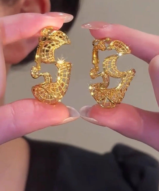 Pendientes de aro extragrandes de plata de ley dorada con forma de S y huecos