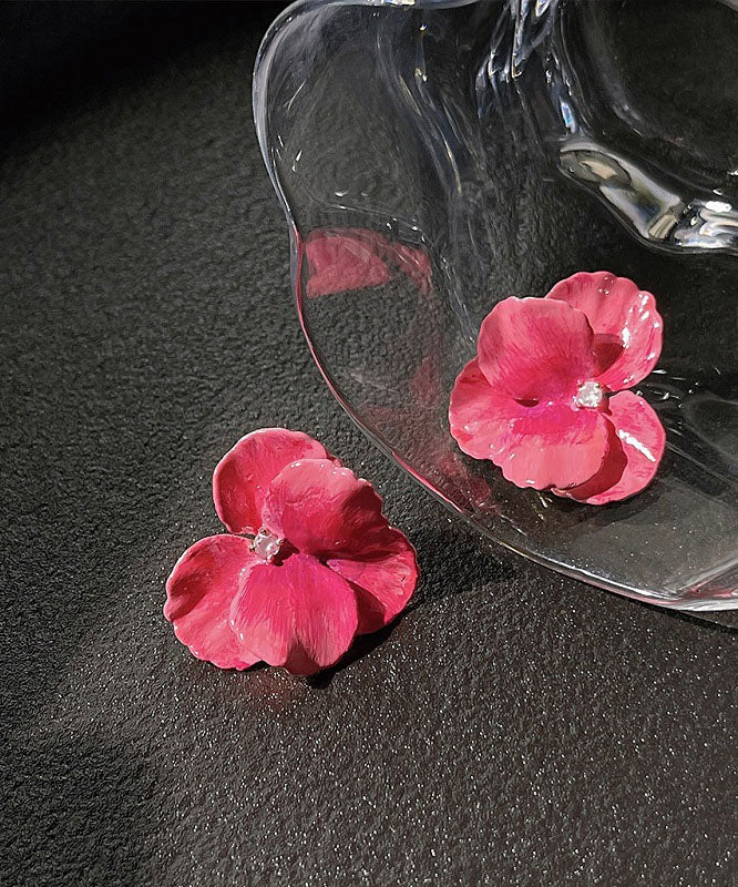 Übergroße Ohrstecker mit rosa Kupfer-Zirkon und floralem Öltropfen-Design