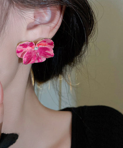 Übergroße Ohrstecker mit rosa Kupfer-Zirkon und floralem Öltropfen-Design