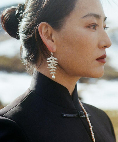 Pendientes colgantes extragrandes de plata de ley con forma de árbol de perlas y seda