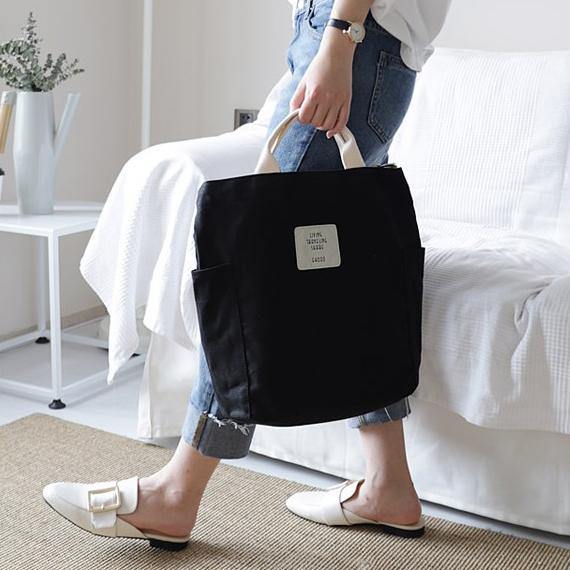 Oversized Beautiful Casual Patchwork Large black Canvas Shoulder Bag - SooLinen