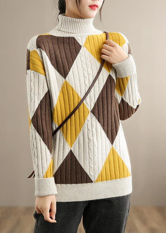 Oversized Beige Yellow Plaid Knitted Clothes High Neck Plus Size Knitwear - SooLinen