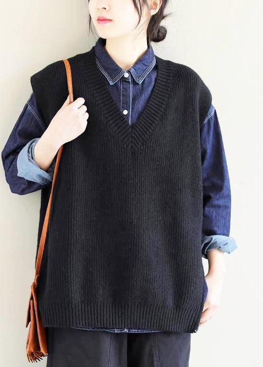 Oversized Black Knitted Clothes V Neck Sleeveless Oversized Sweaters - SooLinen