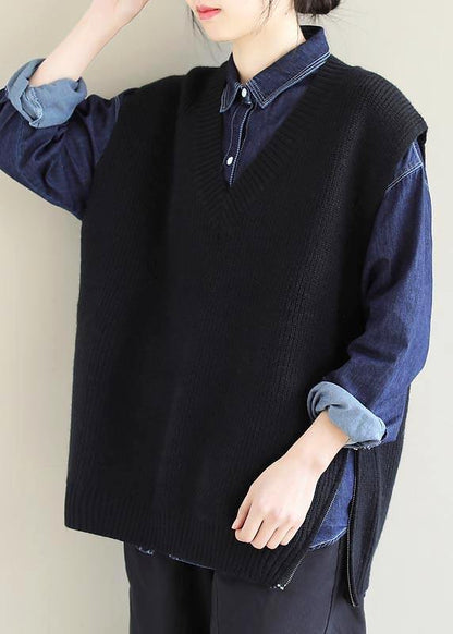 Oversized Black Knitted Clothes V Neck Sleeveless Oversized Sweaters - SooLinen