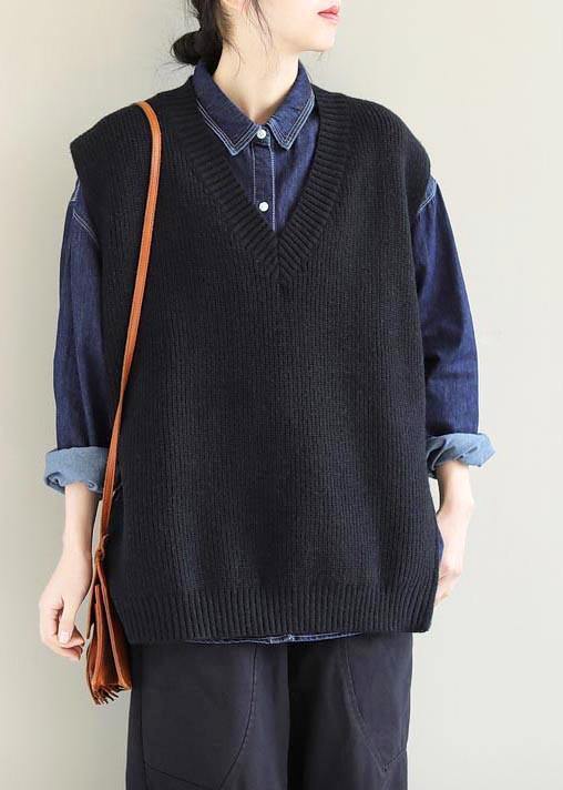 Oversized Black Knitted Clothes V Neck Sleeveless Oversized Sweaters - SooLinen