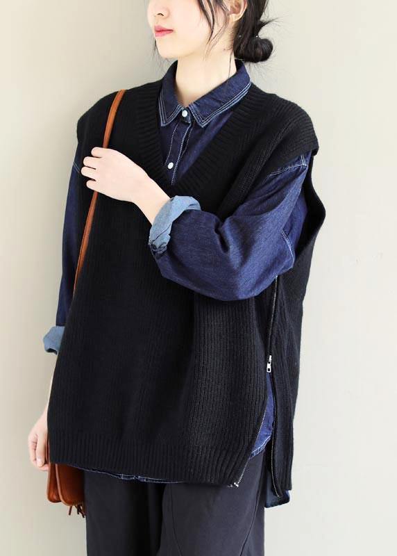 Oversized Black Knitted Clothes V Neck Sleeveless Oversized Sweaters - SooLinen