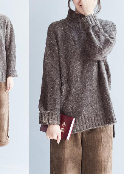 Übergroße Schokoladenstrickpullover für Damen mit hohem Halsausschnitt, warme Winter-Strickoberteile
