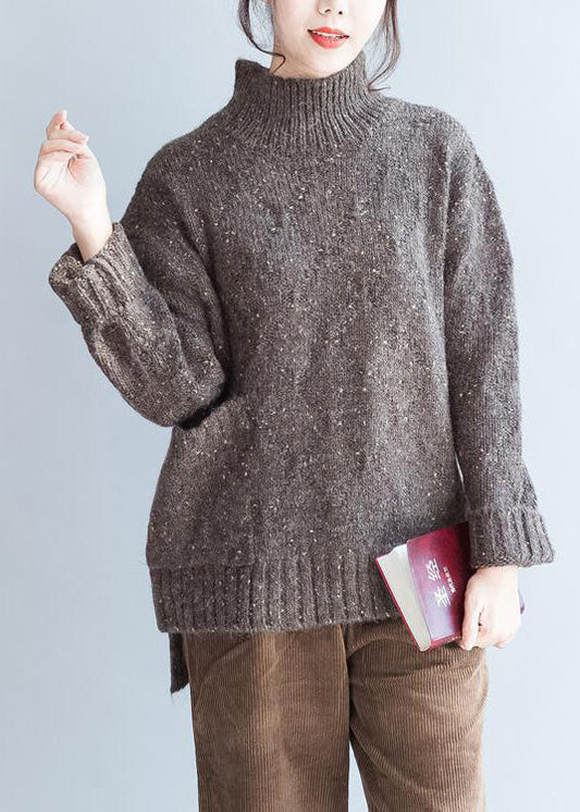 Übergroße Schokoladenstrickpullover für Damen mit hohem Halsausschnitt, warme Winter-Strickoberteile
