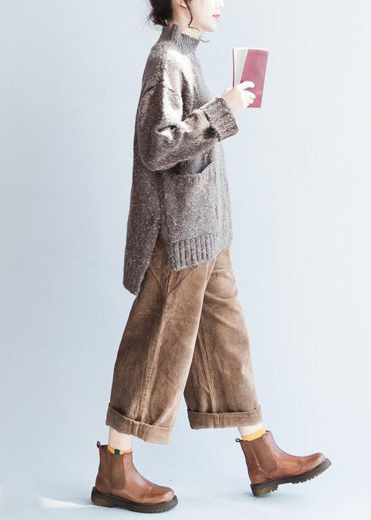Übergroße Schokoladenstrickpullover für Damen mit hohem Halsausschnitt, warme Winter-Strickoberteile