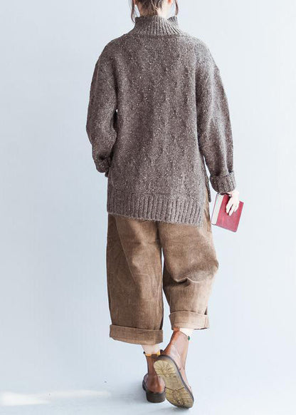 Übergroße Schokoladenstrickpullover für Damen mit hohem Halsausschnitt, warme Winter-Strickoberteile