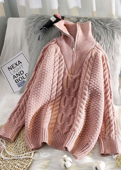 Oversized beige knitted pullover high neck zippered fall fashion knit sweat tops - SooLinen