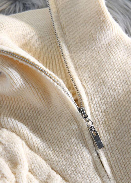 Oversized beige knitted pullover high neck zippered fall fashion knit sweat tops - SooLinen