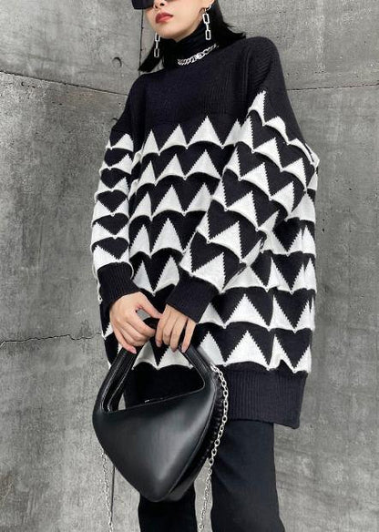 Oversized black Geometric knit top silhouette o neck plus size sweaters - SooLinen