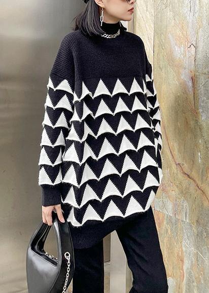 Oversized black Geometric knit top silhouette o neck plus size sweaters - SooLinen