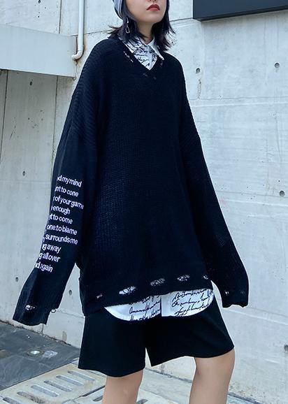 Oversized black Letter knit tops v neck fall fashion sweaters - SooLinen