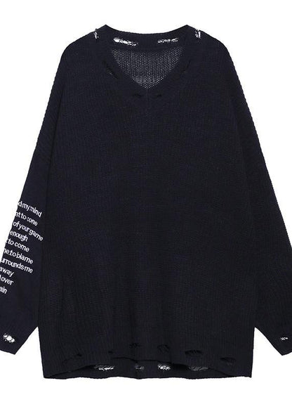 Oversized black Letter knit tops v neck fall fashion sweaters - SooLinen