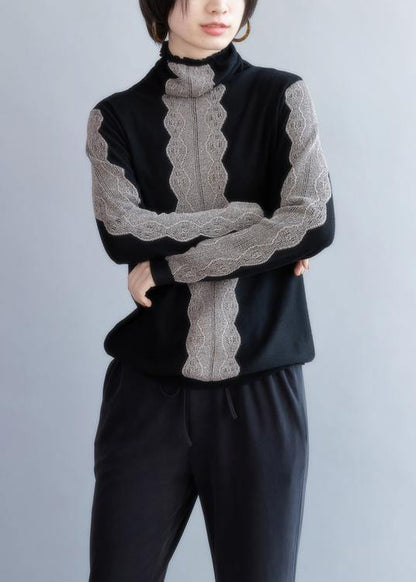 Oversized black knit sweat tops fall fashion high neck knitted t shirt - SooLinen