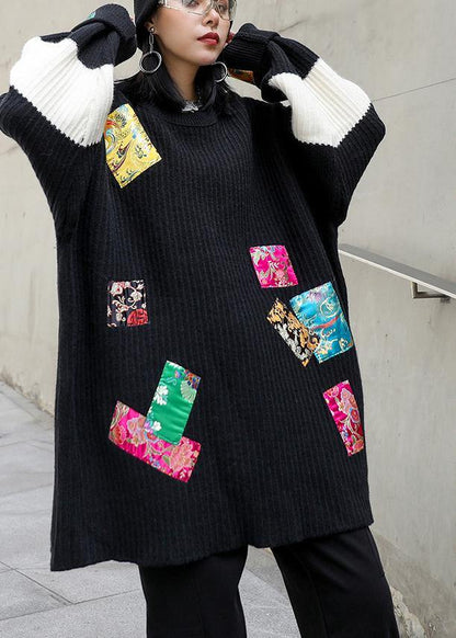 Oversized black knitted pullover o neck patchwork oversized knitted blouse - SooLinen