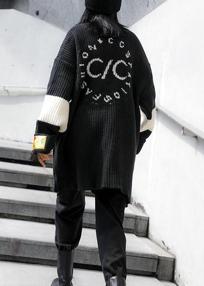 Oversized black knitted pullover o neck patchwork oversized knitted blouse - SooLinen