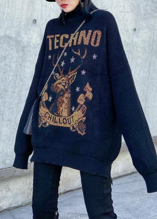 Oversized black knitted top side open plus size half high neck sweaters - SooLinen